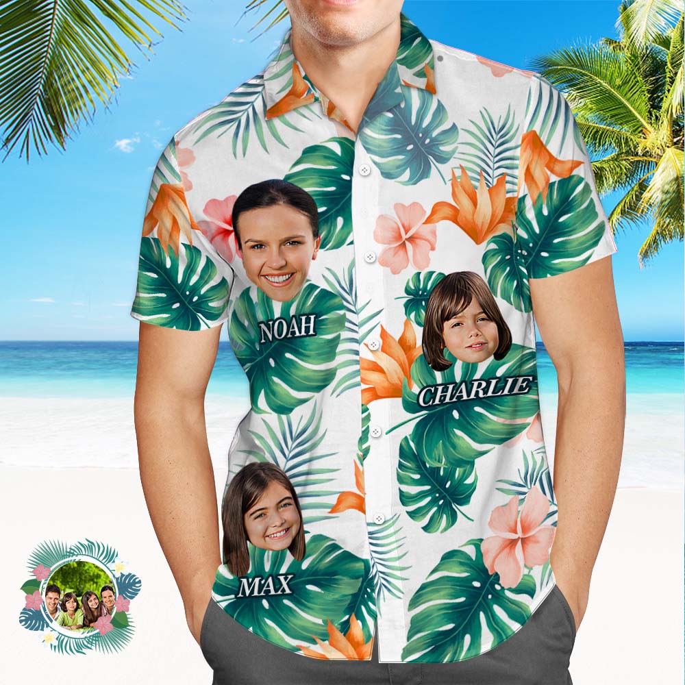 Custom Multi Photo Face And Text Hawaiian Shirt With Palm Leaves And Colorful Flowers - MyHawaiianShirtsAU