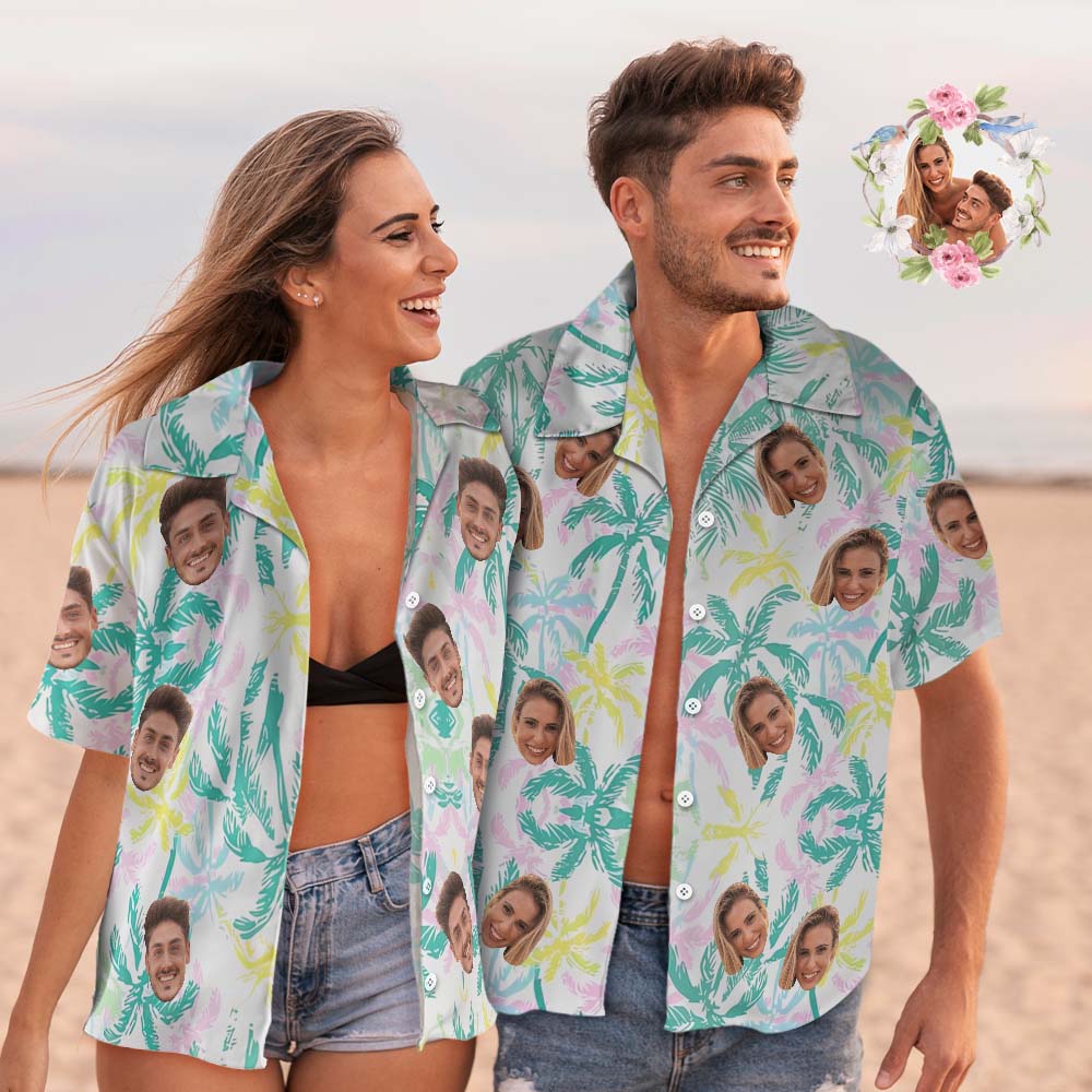 Custom Face Hawaiian Shirt Couple Outfit Vibe Vocation Hawaiian Shirt Colorful Palm Trees - MyHawaiianShirtsAU