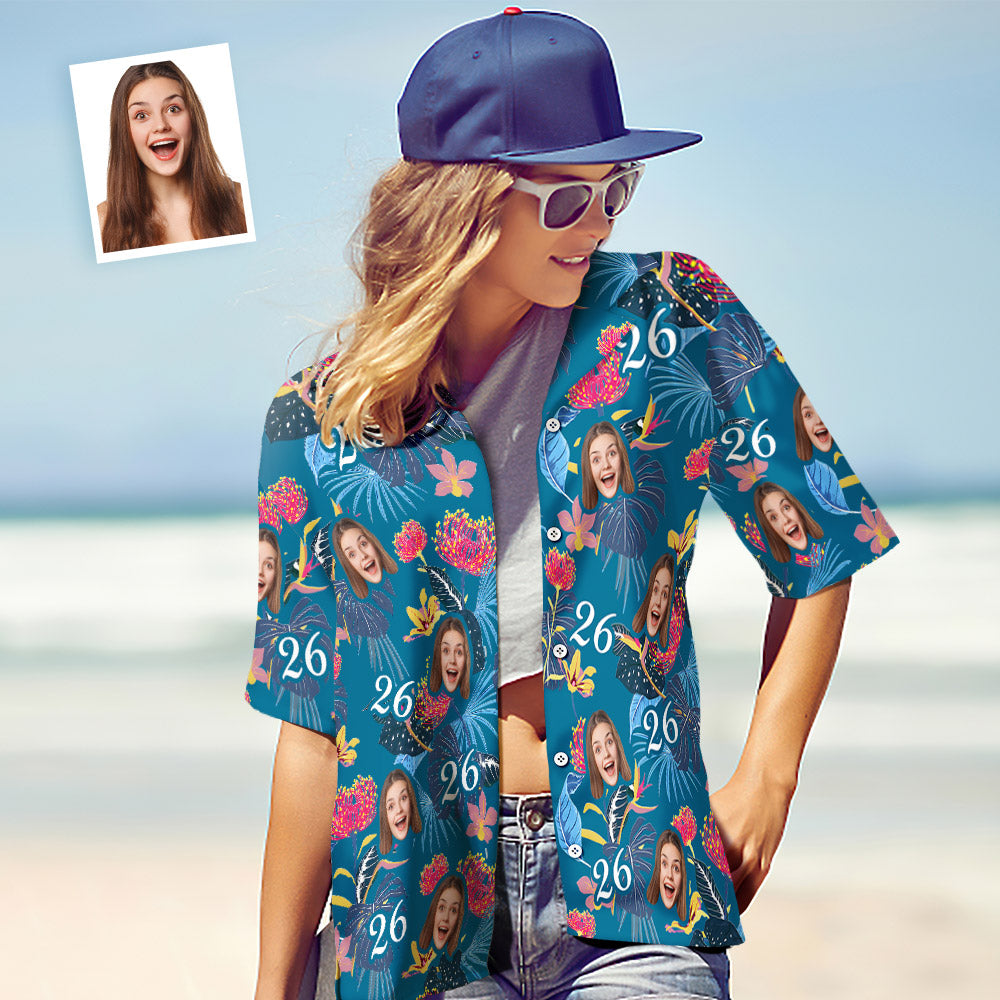 Custom Face Hawaiian Shirt Number and Face Hawaiian Shirt Dark Blue Sleeves and Pink Flowers Gift For Women - MyHawaiianShirtsAU