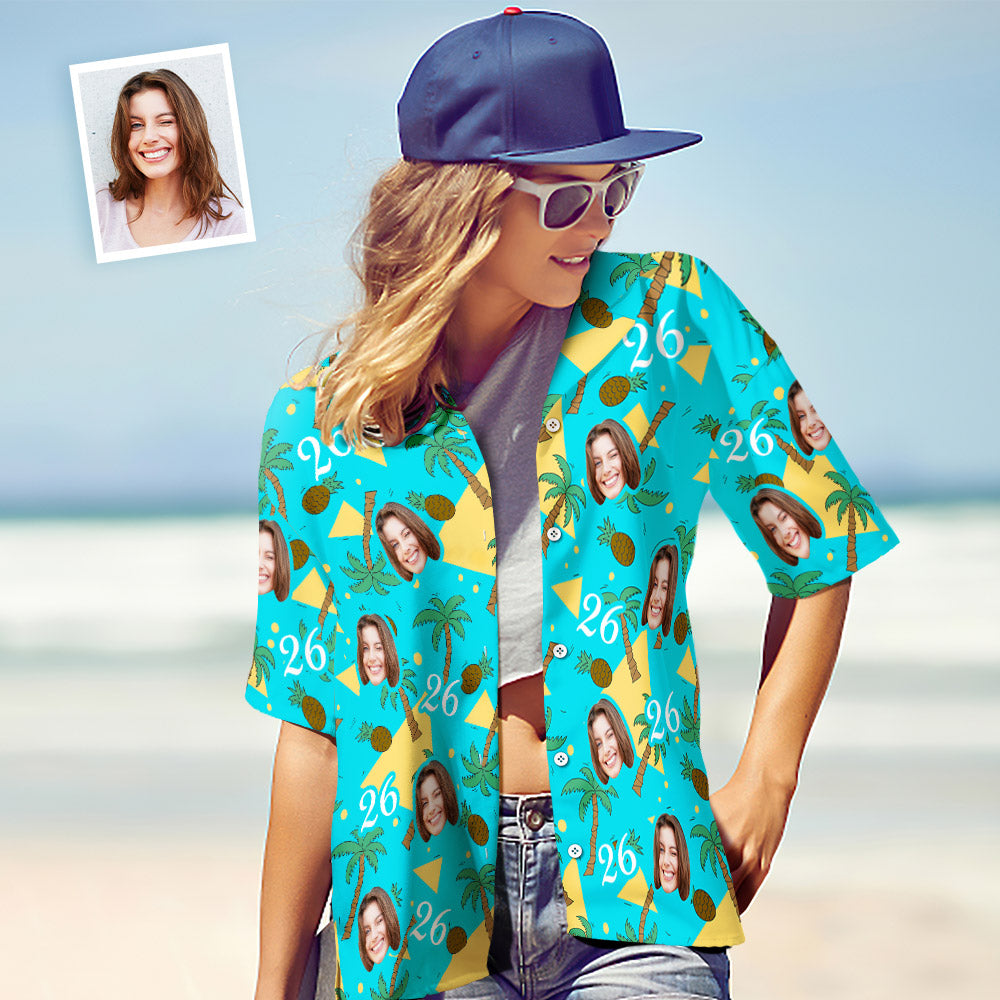 Custom Multi-color Face And Numbers Hawaiian Shirt Coconut Tree And Pineapple Birthday Gift For Women - MyHawaiianShirtsAU