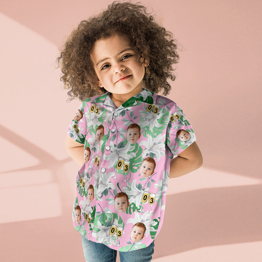Custom Kid's Face Hawaiian Shirt Number in Wine Glass Pink And Green Sleeves Face Hawaiian Shirt Birthday Gift - MyHawaiianShirtsAU