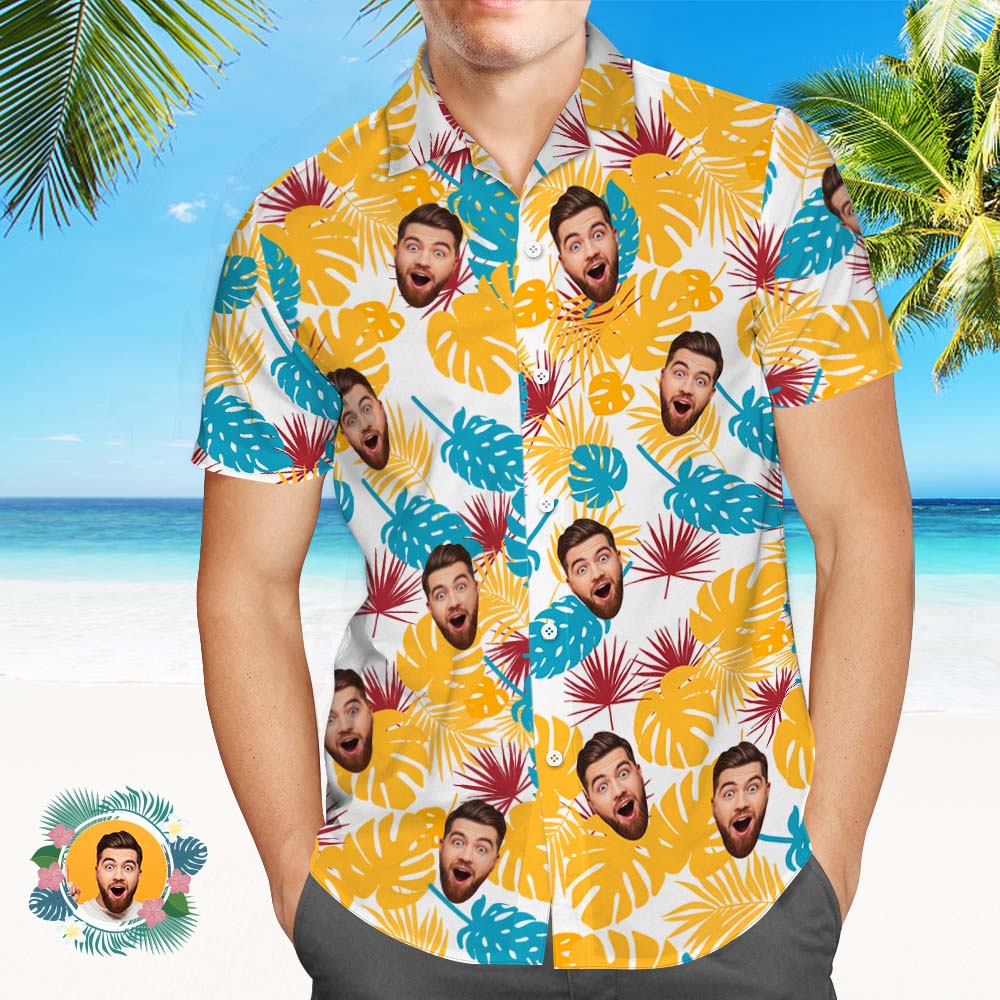 Custom Beach Hawaiian Shirt Yellow Face Hawaiian Shirts With Blue Leaves For Him - MyHawaiianShirtsAU