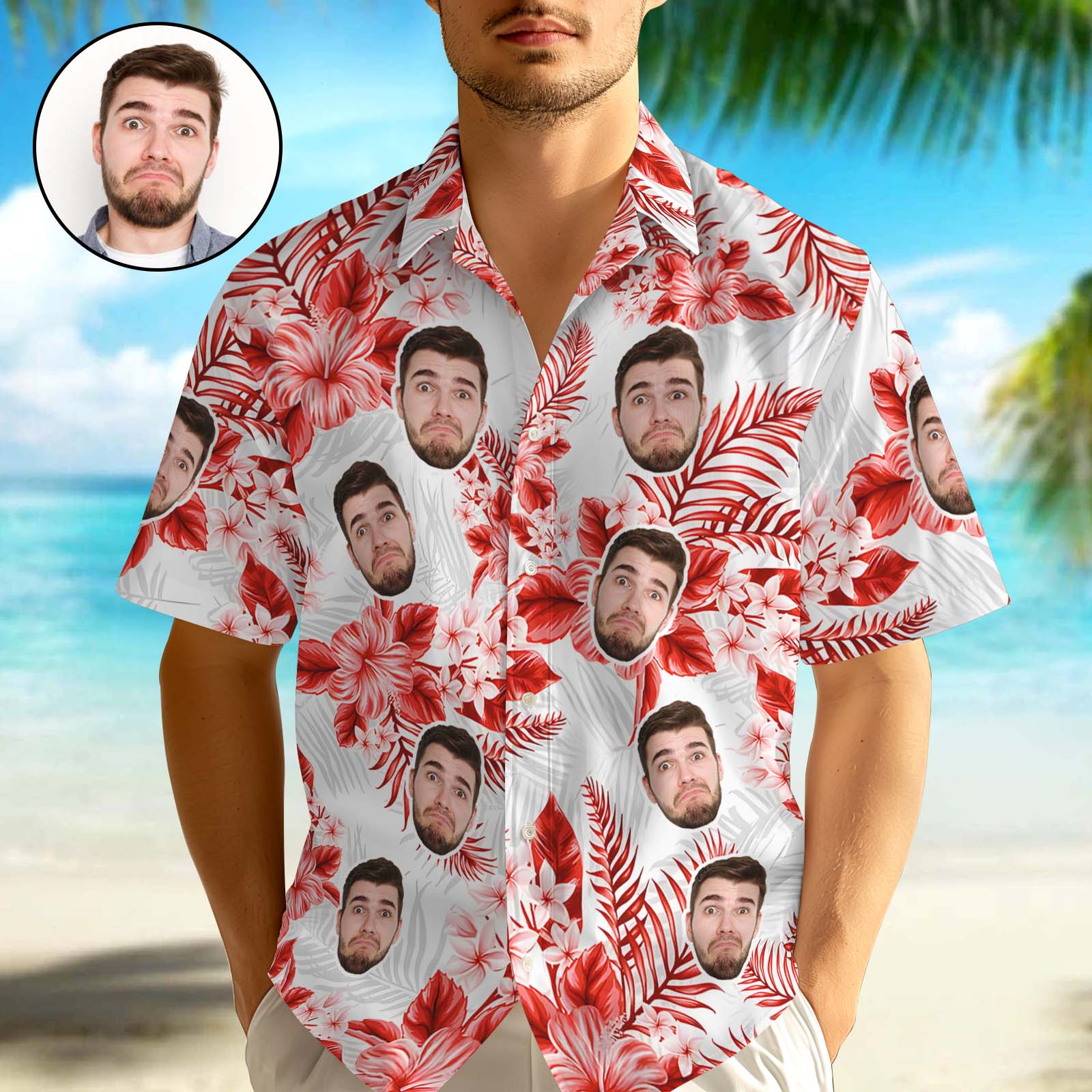 Custom Face Hawaiian Shirts Red Flower Leaves Button-down Shirts Personalized Men Shirts - MyHawaiianShirtsAU