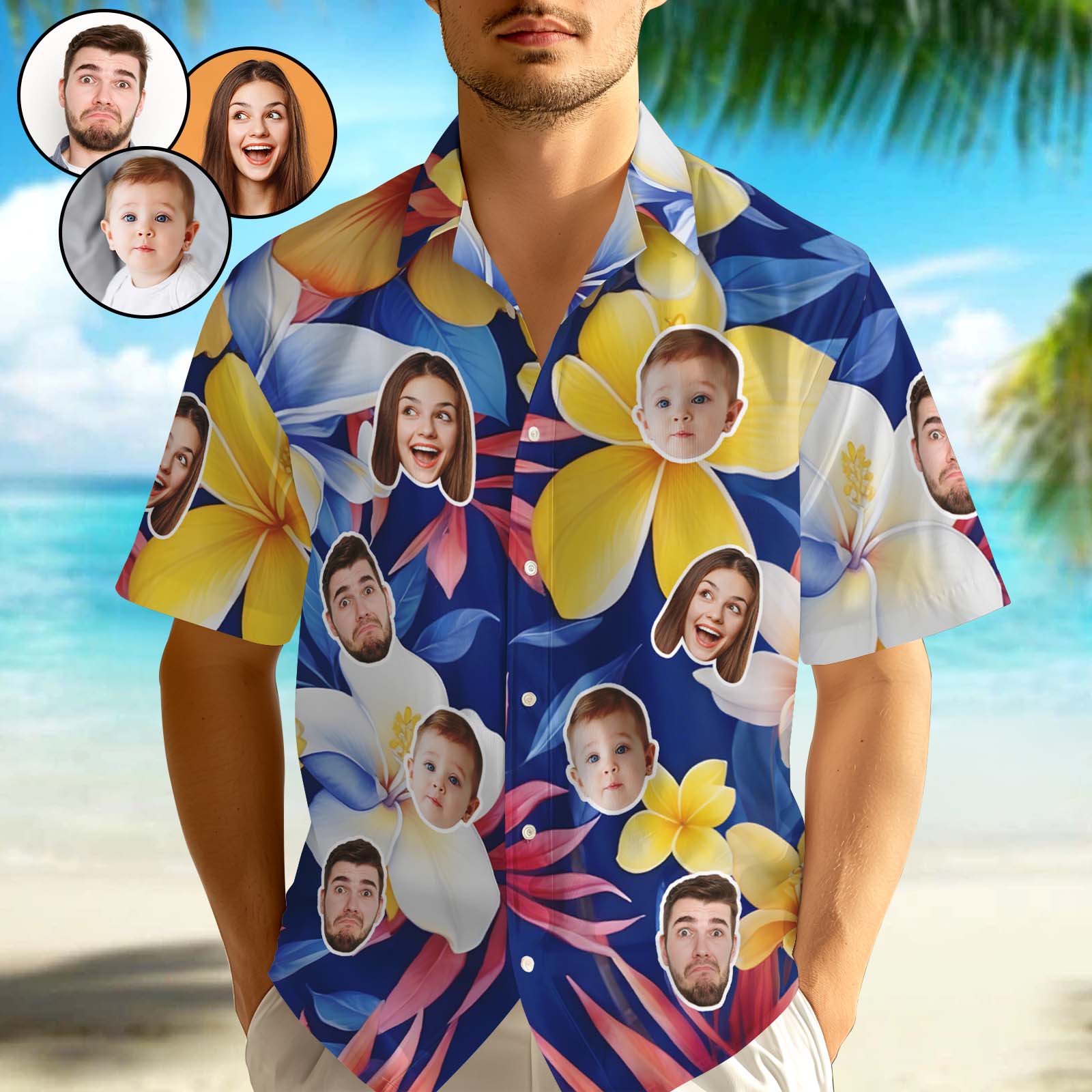 1-3 Faces Hawaiian Shirts Custom Button-down Shirts With Plumeria Men's Tropical Shirt - MyHawaiianShirtsAU