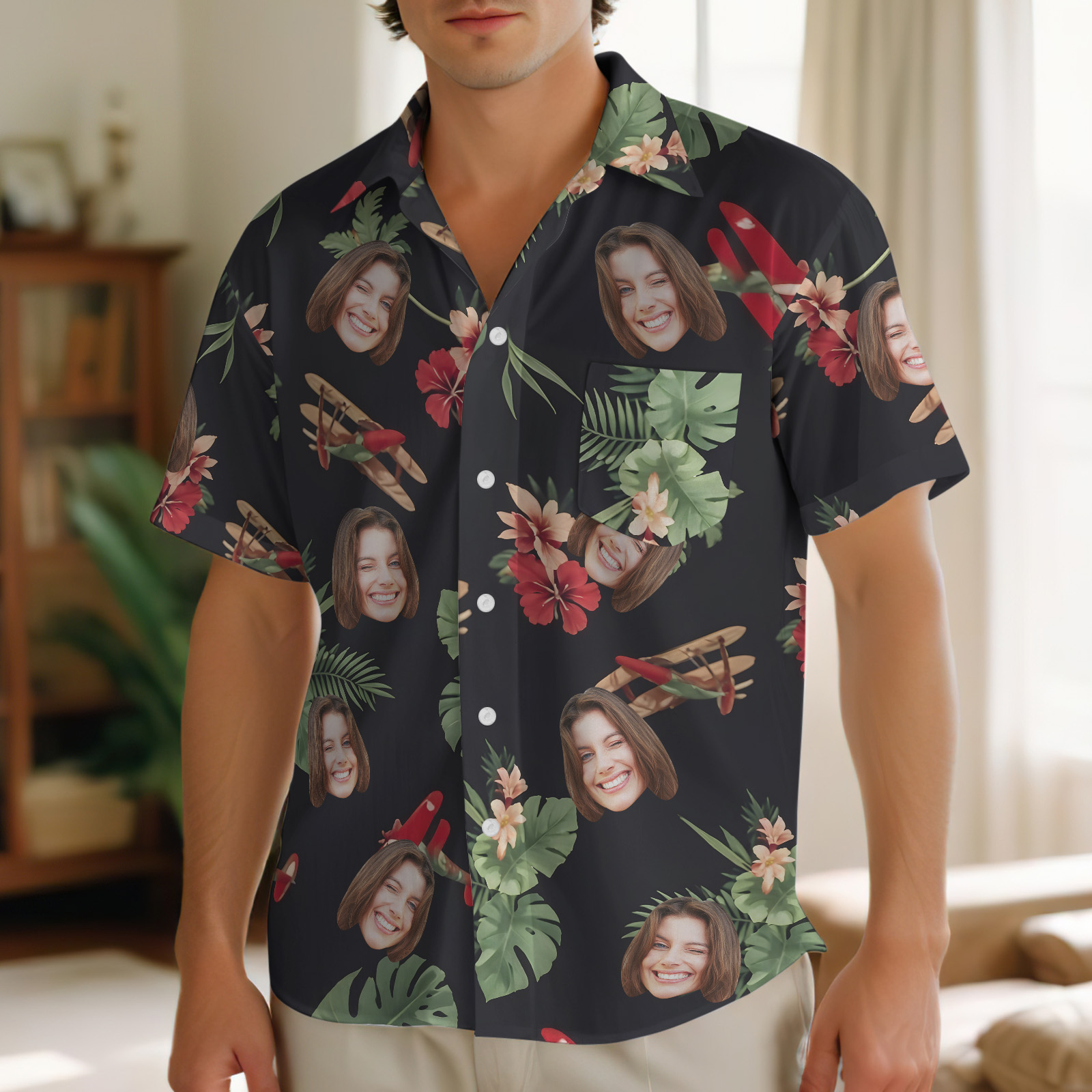 Custom Face Black Tropical Flowers & Leaves Shirts Custom Beach Shirts For Him - MyHawaiianShirtsAU