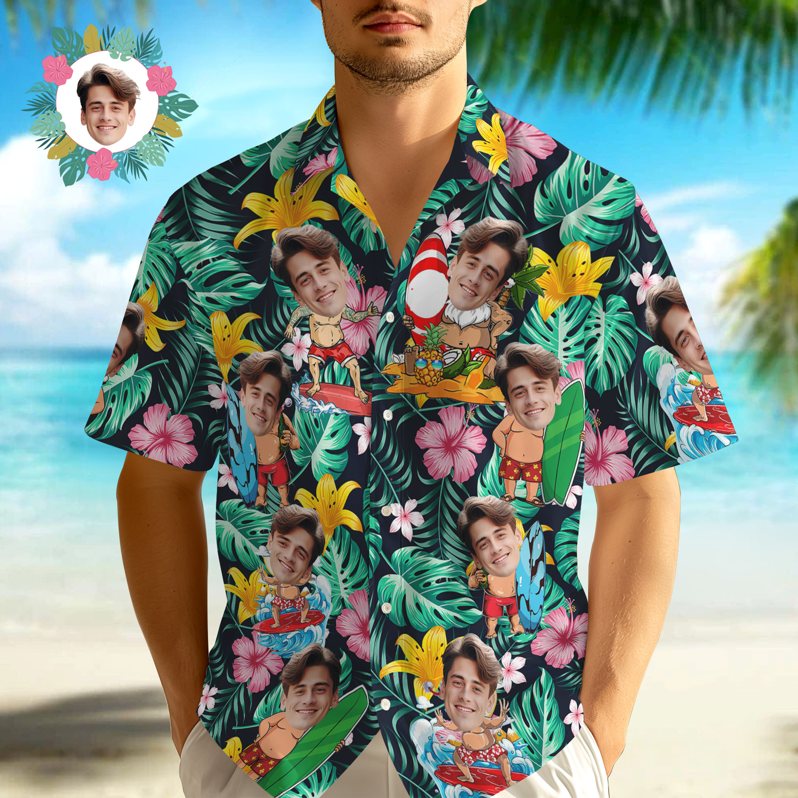 Custom Tropical Beach Christmas Face Button-down Shirts Custom Face Hawaiian Shirts Gifts For Him - MyHawaiianShirtsAU