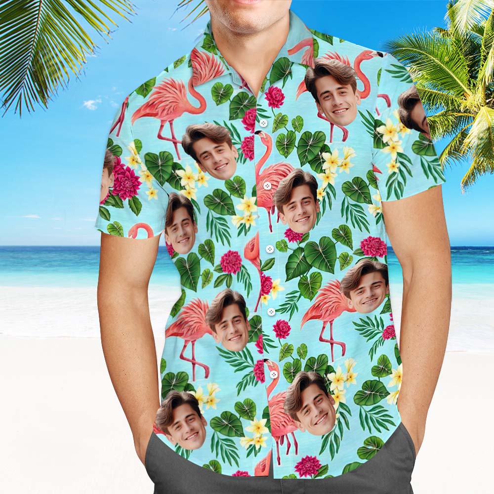 Custom Face Hawaiian Shirts Colorful Flamingo Aloha Beach Shirt - Light Blue - MyHawaiianShirtsAU