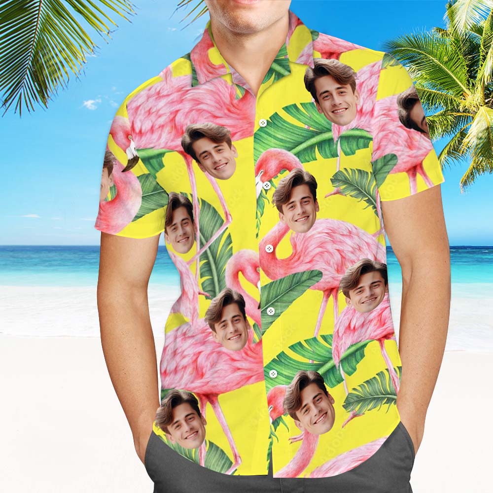 Colorful Flamingo Aloha Beach Shirt Custom Face Hawaiian Shirts - Yellow - MyHawaiianShirtsAU