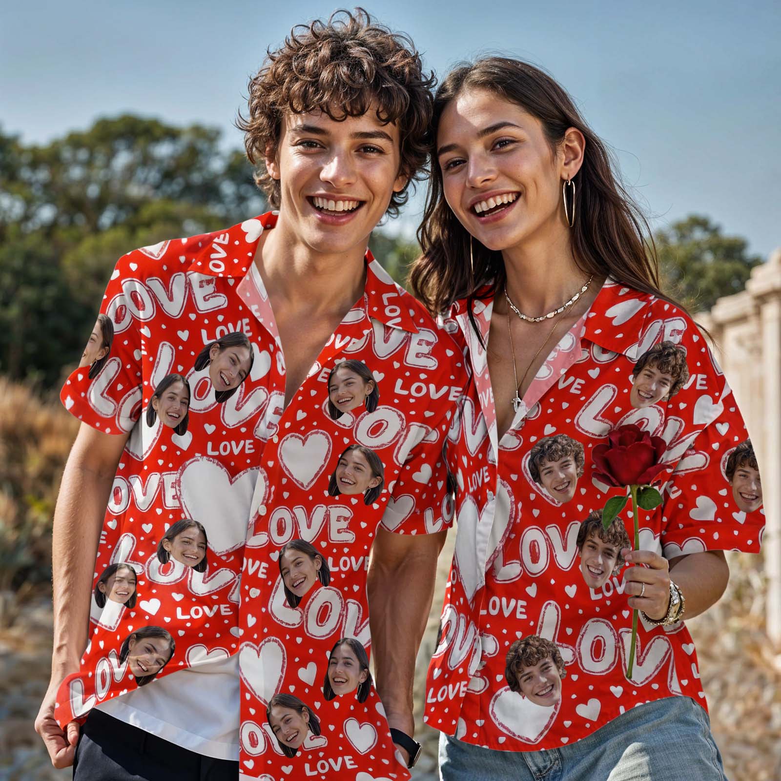 Custom Couple Hawaiian Shirt Red Button-down Shirt With Heart & Love Valentine's Day Gift - MyHawaiianShirtsAU