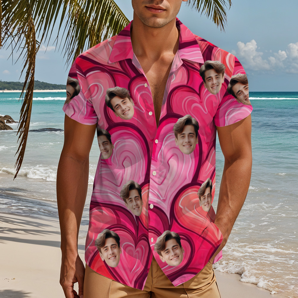 Custom Couple Hawaiian Pink Heart Shirt Face Button-down Shirt Gifts For Couple