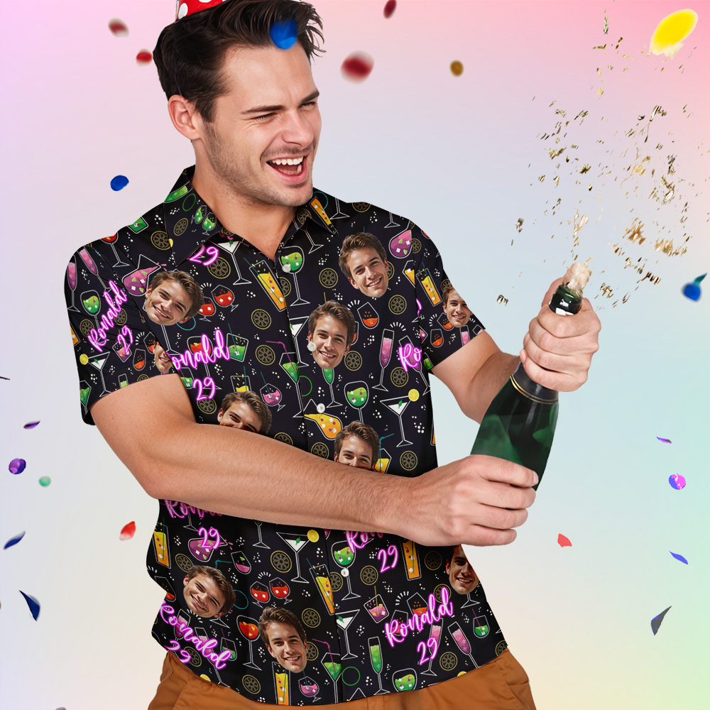 Custom Face Hawaiian Shirt with Name & Age Funny Cocktail Birthday Shirt for Men, Party Outfit, Beach Vacation, Bar Night Gift Idea - MyHawaiianShirtsAU