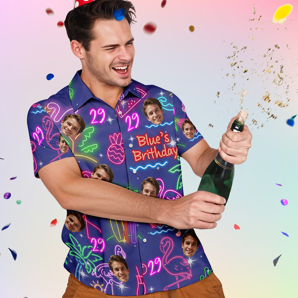 Custom Neon Birthday Party Hawaiian Shirt Personalized Age & Text, Tropical Flamingo Pineapple Coconut Tree Theme - MyHawaiianShirtsAU