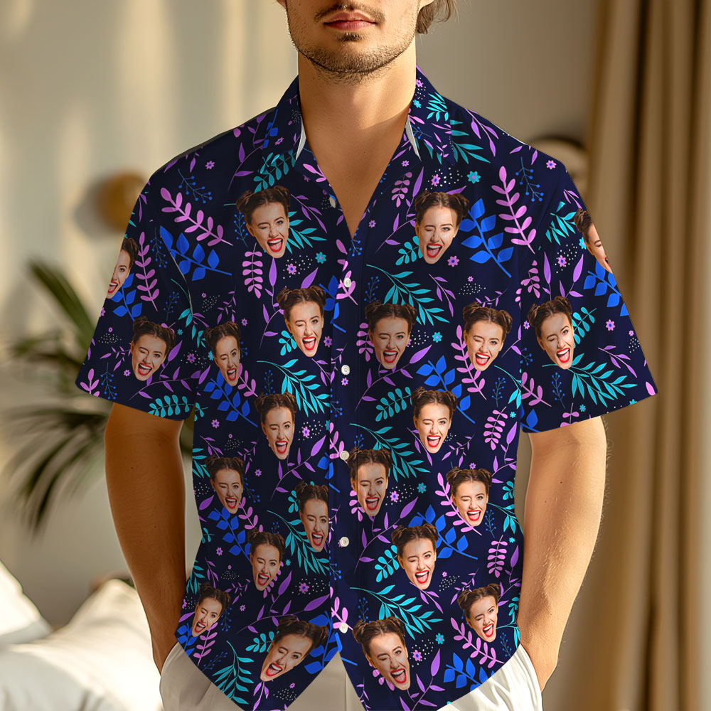Colorful Tropical Leaves Custom Face Shirt Personalized Hawaiian Shirt for Men, Vacation, Birthday Party, Trip Gift - MyHawaiianShirtsAU