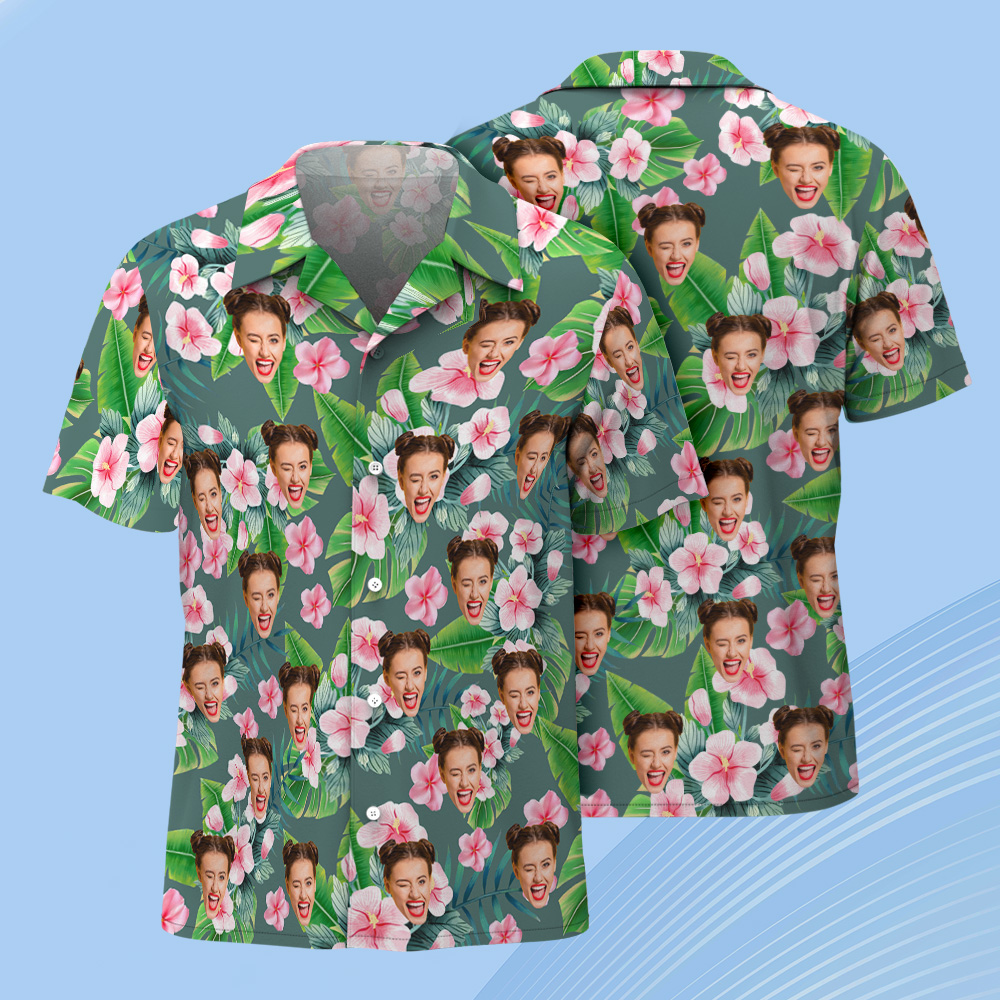 Custom Face Pink Hibiscus Green Hawaiian Shirt Tropical Personalized Gift for Him, Anniversary, Honeymoon or Poolside Fun