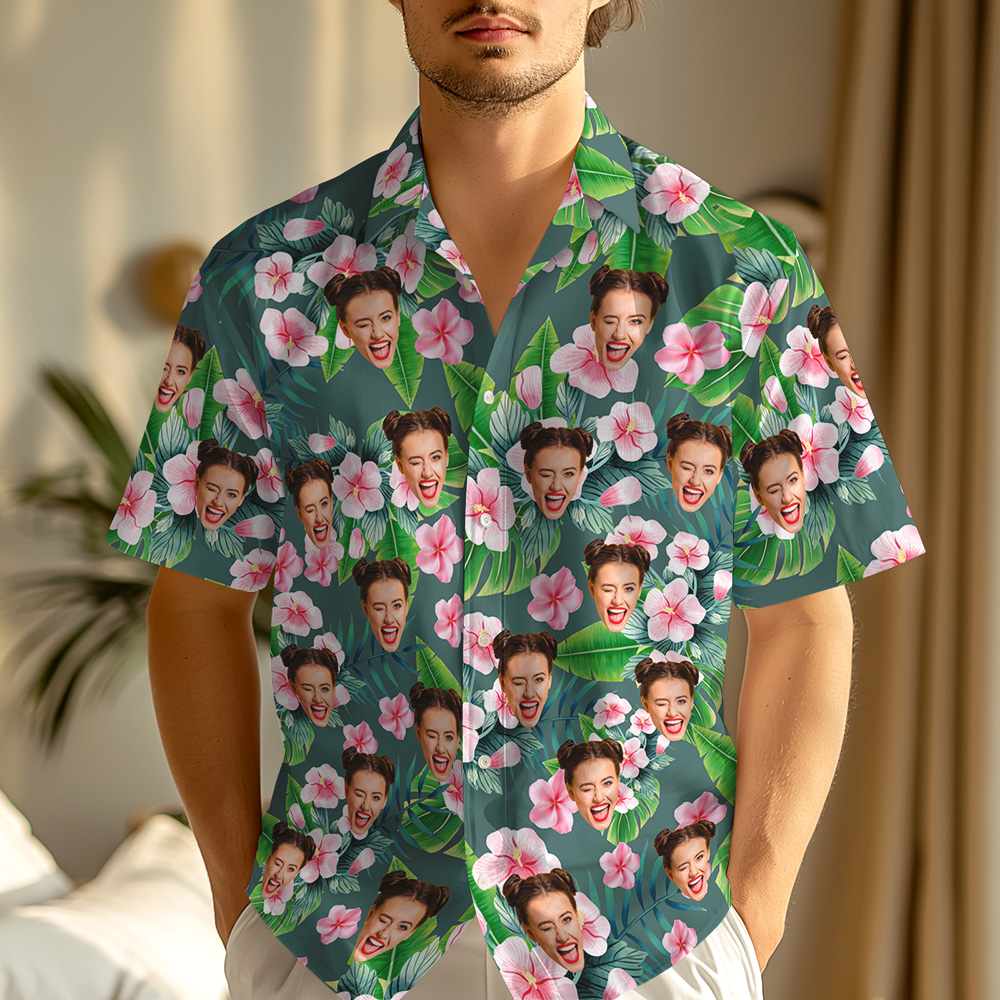 Custom Face Pink Hibiscus Green Hawaiian Shirt Tropical Personalized Gift for Him, Anniversary, Honeymoon or Poolside Fun - MyHawaiianShirtsAU