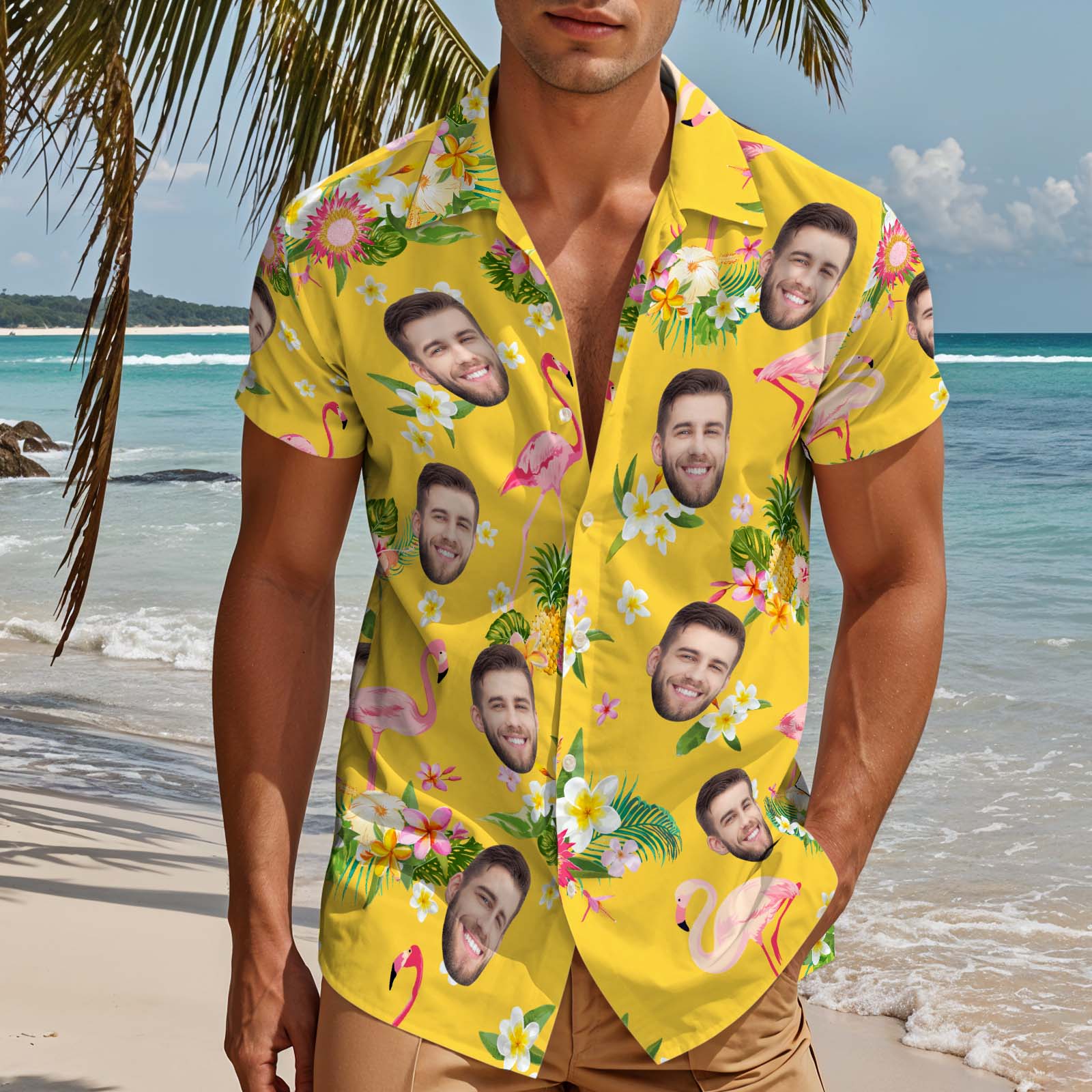 Custom Hawaiian Shirts Face Tropical Plants & Flamingos Aloha Shirt For Him - Yellow - MyHawaiianShirtsAU