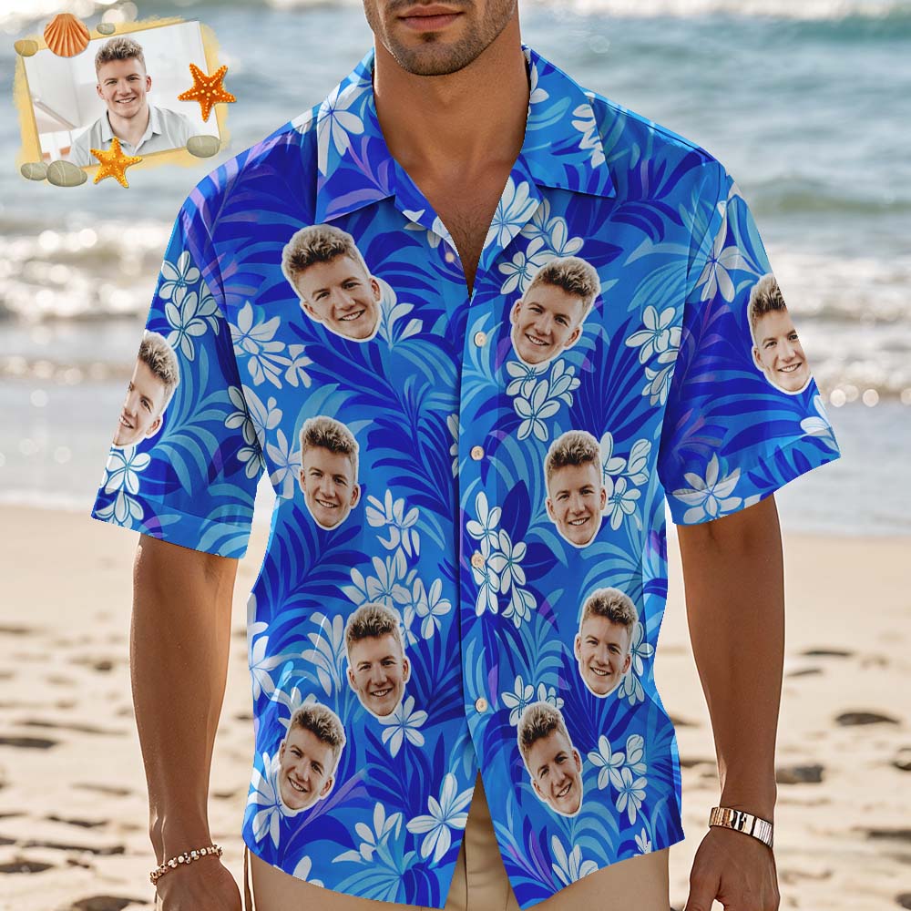 Custom Hawaiian Shirt Blue leaves Personalized Photo Hawaiian Shirt Vacation Party Shirts - MyHawaiianShirtsAU