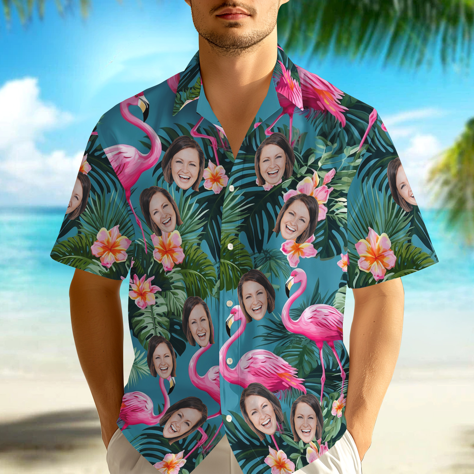Custom Face Hawaiian Shirt Personalised Pink Flamingo Pattern Hawaiian Shirt Father's Day Gift - MyHawaiianShirtsAU