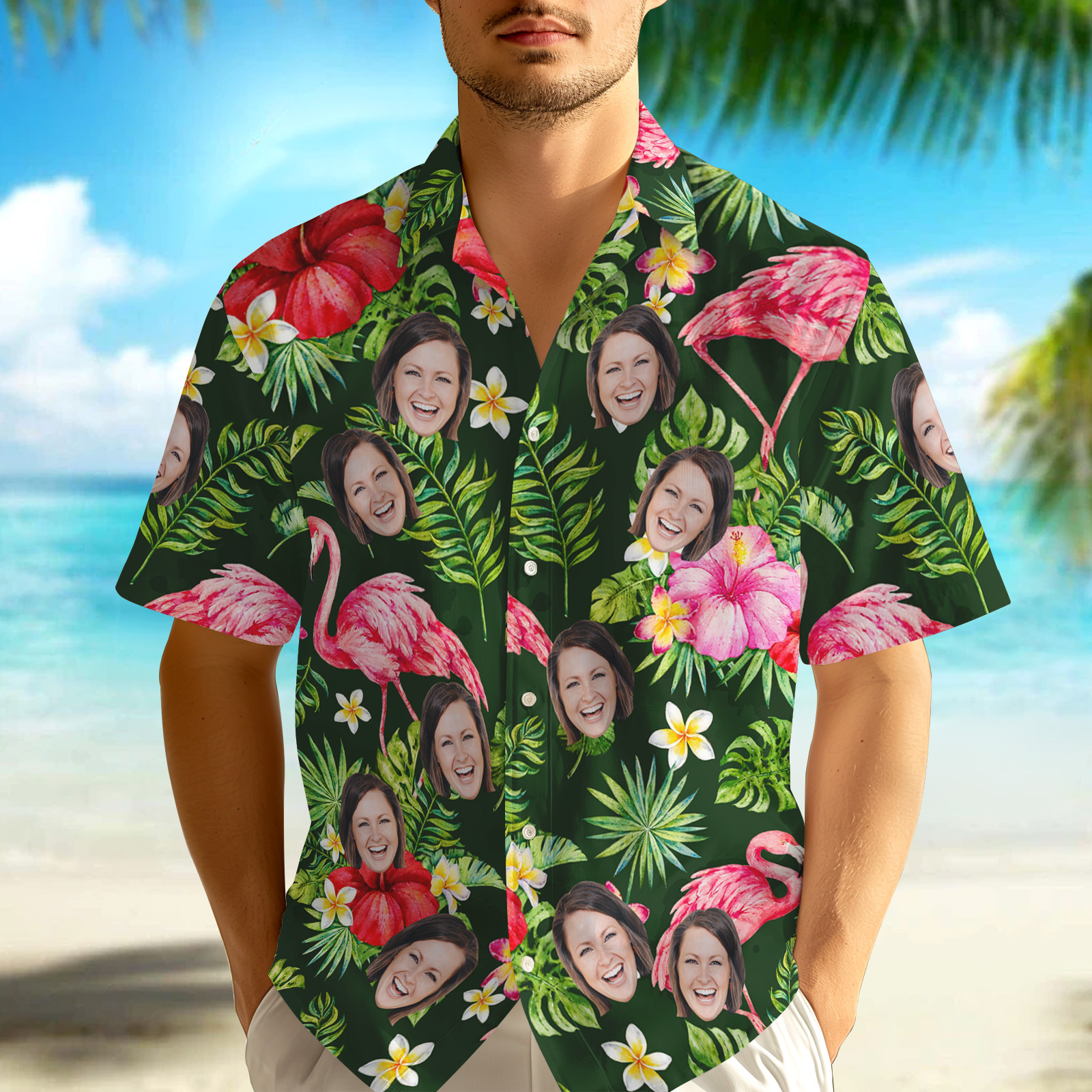 Custom Face Green Leaves Hawaiian Shirt Personalised Pink Flamingo Pattern Hawaiian Shirt Gift For Him - MyHawaiianShirtsAU