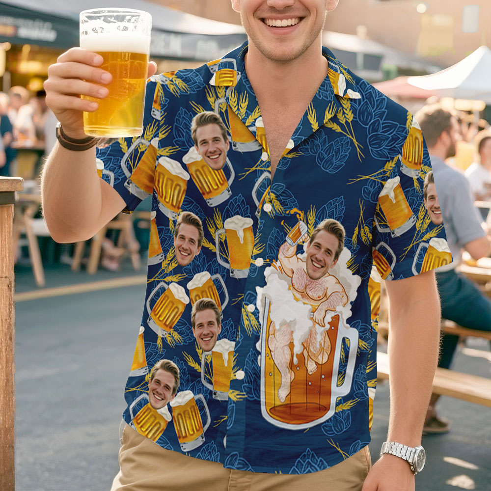 Custom Face Giant Beer Stein Blue Hawaiian Shirt Personalized Beer Lover Shirt for Parties, Festivals or Dad’s Gift - MyHawaiianShirtsAU