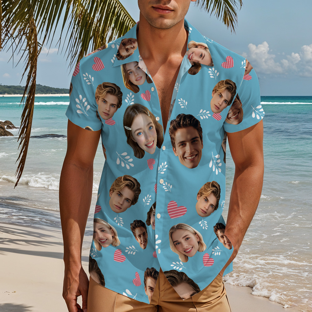 Custom Face "Hearts & Doodles" Sky-Blue Hawaiian Shirt – Fun Personalized Vacation Shirt for Men, Beach Party Wear - MyHawaiianShirtsAU