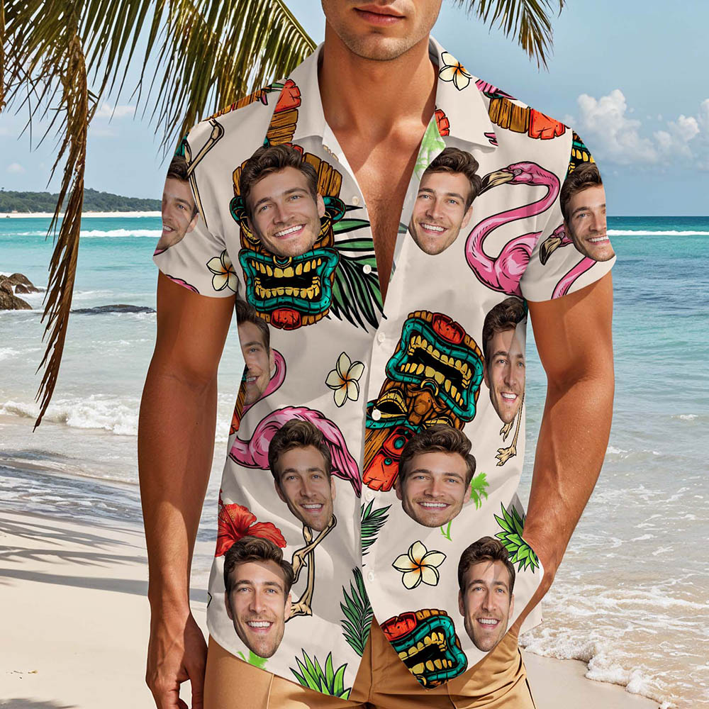 Custom Face Hawaiian Shirt White with Tropical Icons Tiki & Flamingo Fun Personalized Beach Look