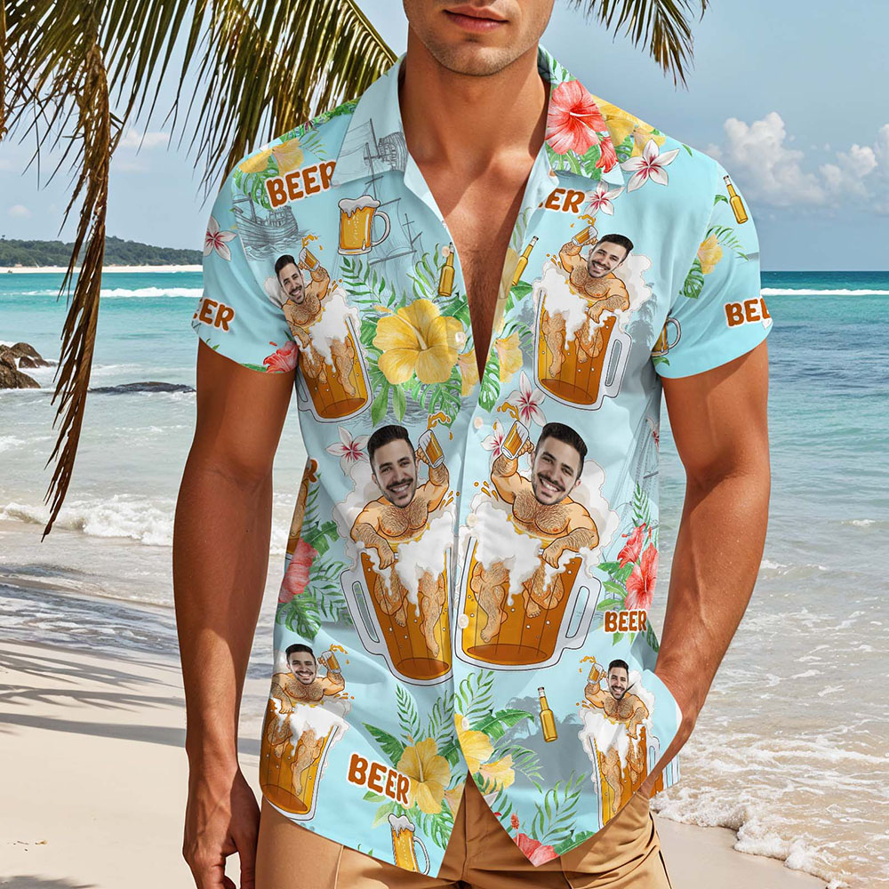 Custom Face Hawaiian Shirt Beer Print Personalized Aloha Beach Shirt Party Gift for Men - MyHawaiianShirtsAU