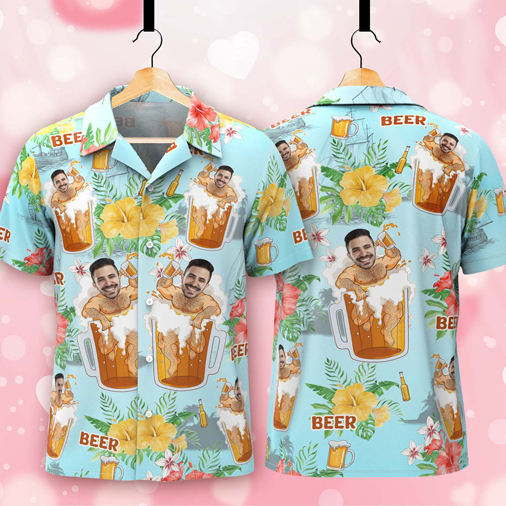 Custom Face Hawaiian Shirt Beer Print Personalized Aloha Beach Shirt Party Gift for Men
