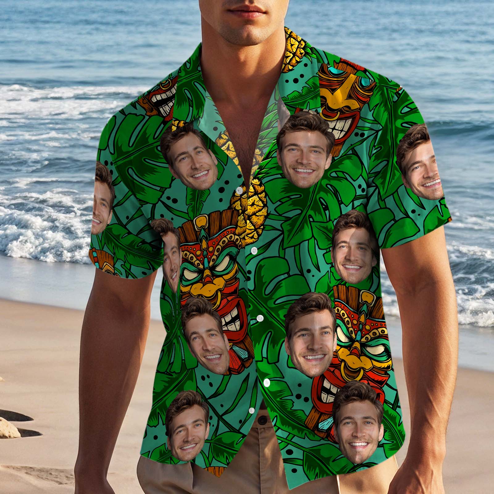 Custom Face Tiki Hawaiian Shirt Tropical Green Vacation Aloha Beach Shirt for Men, Funny Summer Gift - MyHawaiianShirtsAU