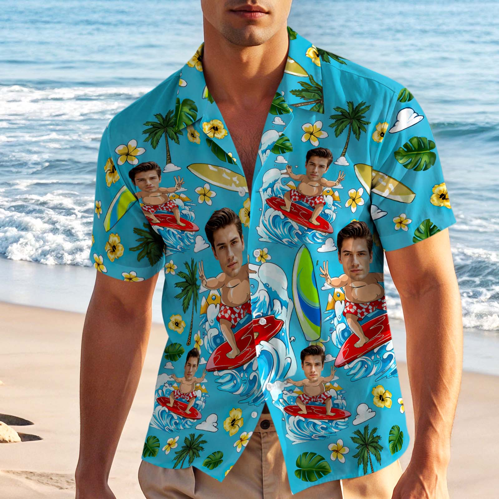Custom Blue Hawaiian Shirt Personalized Photo Beach Surf Shirt Face Shirt