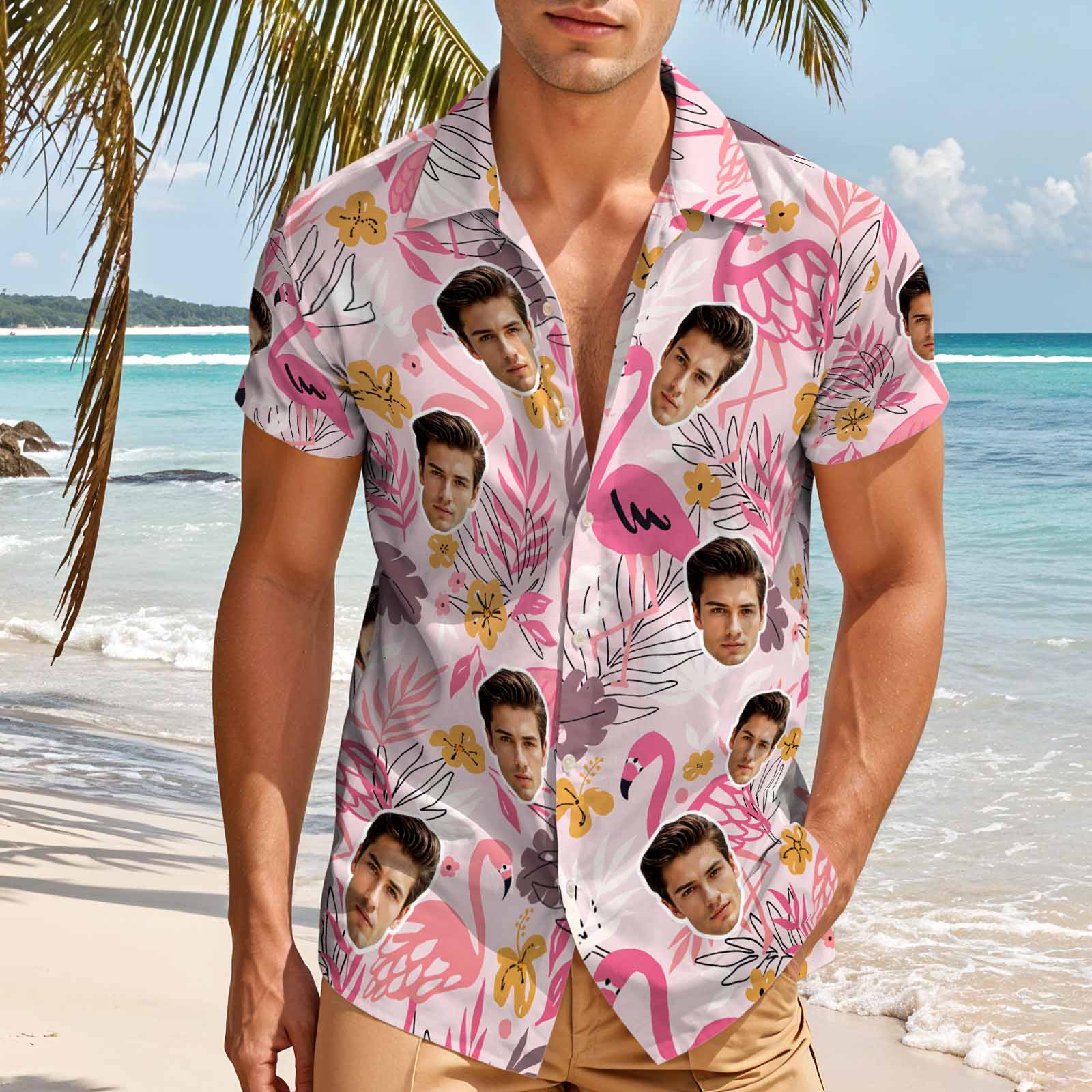 Custom Face Hawaiian Shirt Personalized Photo Beach Shirt Pink Flamingo Shirt - MyHawaiianShirtsAU