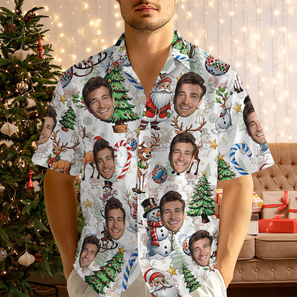 Custom Face Christmas Hawaiian Shirt Funny Holiday Print Button Up for Him - MyHawaiianShirtsAU