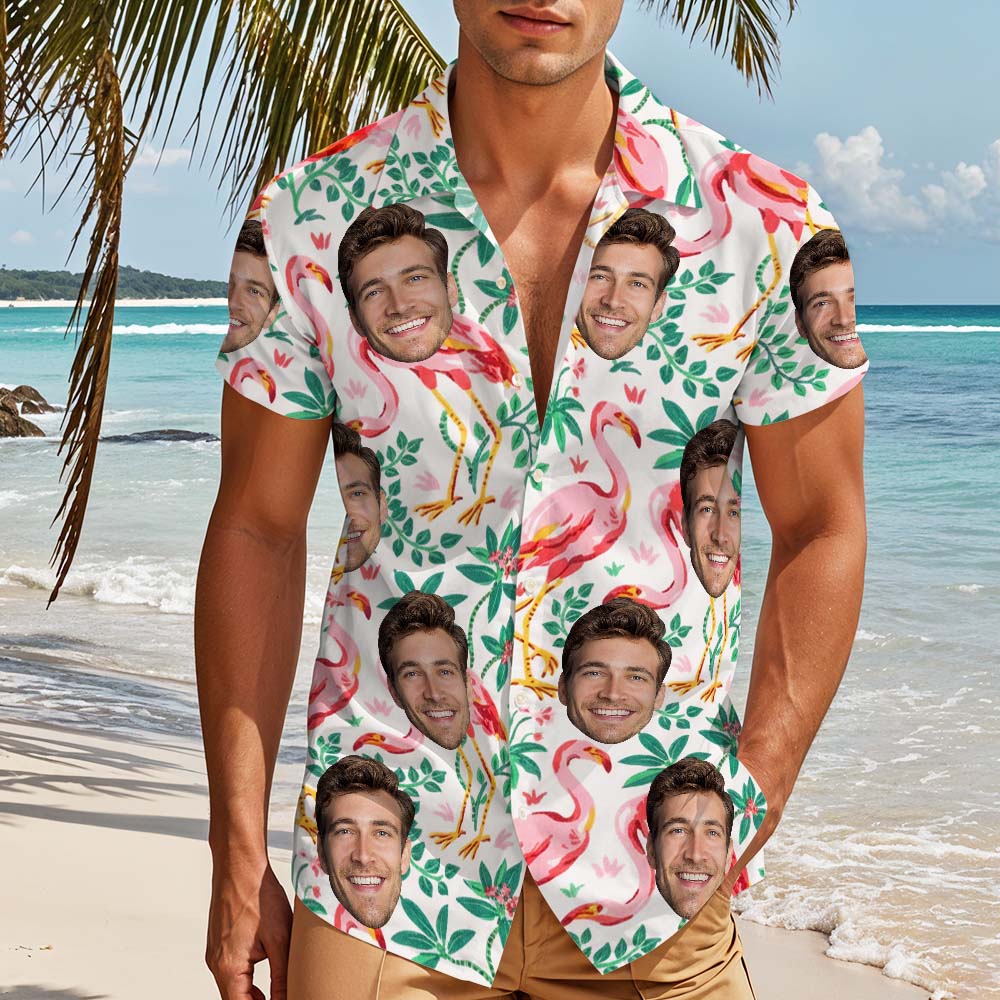 Personalized Face Hawaiian Shirt Funny Flamingo Print Tropical Button Up for Men - MyHawaiianShirtsAU