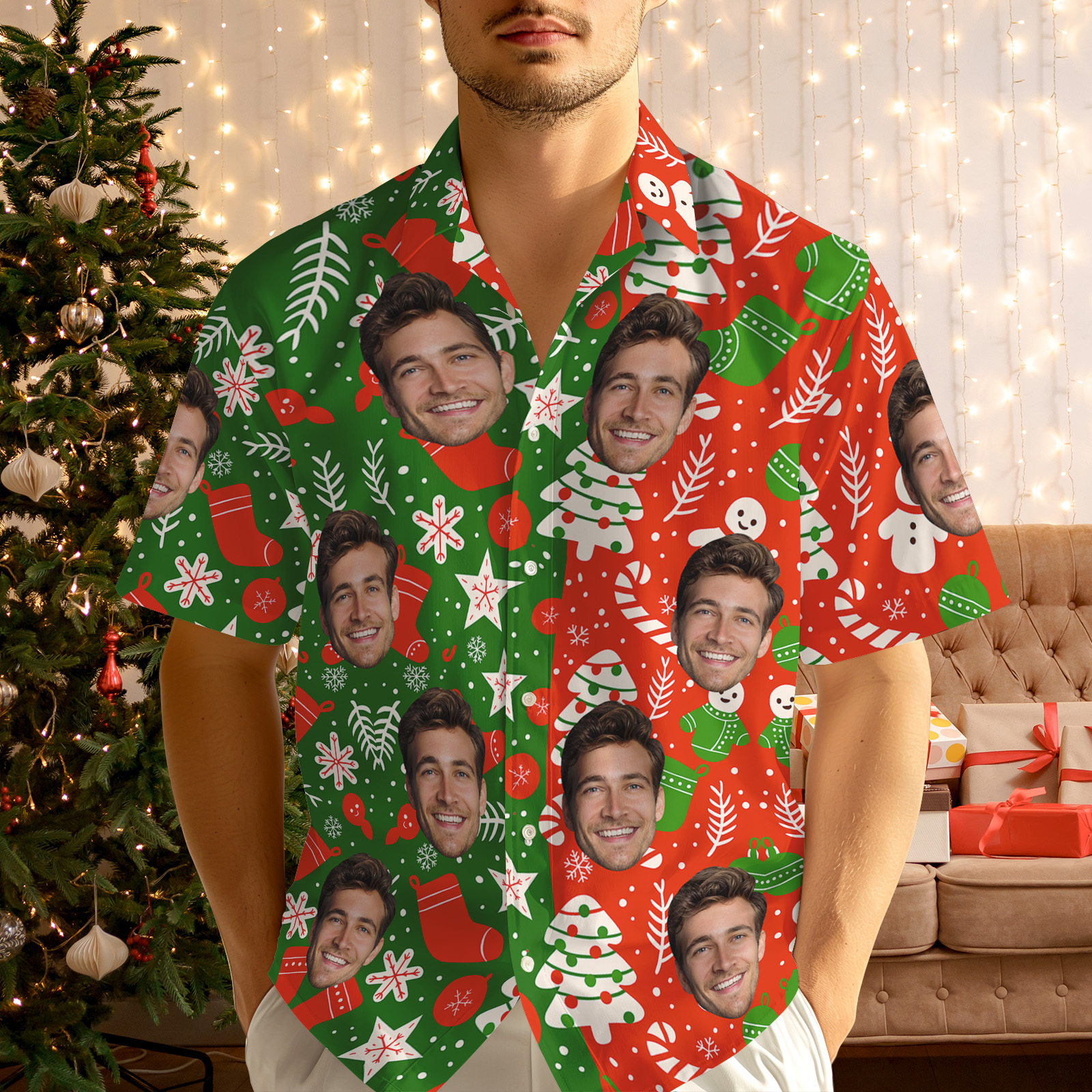Custom Face Christmas Hawaiian Shirt Personalized Holiday Party Shirt Personalized Christmas Button-down Shirt - MyHawaiianShirtsAU