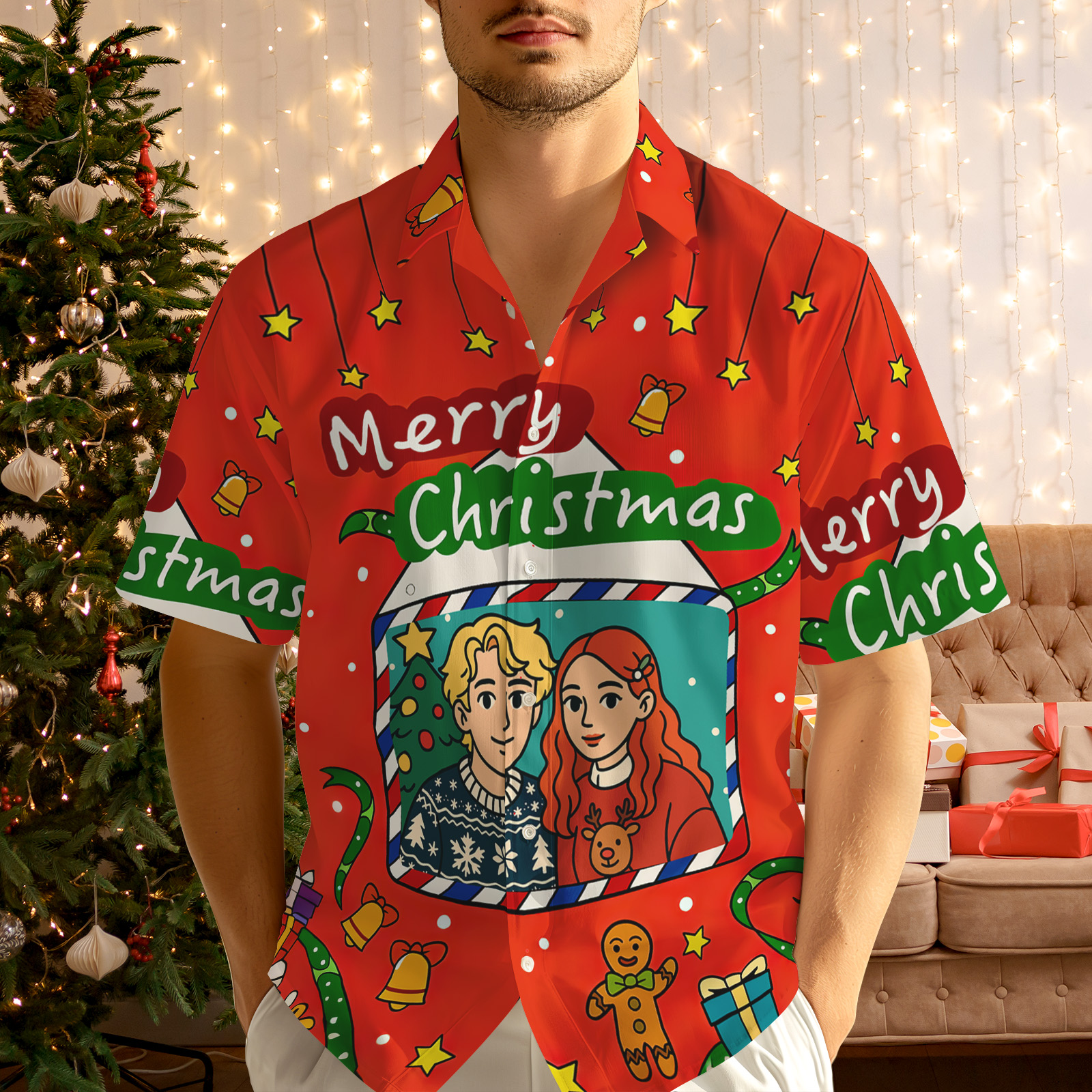 Personalized Cartoon Christmas Button-Up Shirt Custom Photo Holiday Couple Shirt - MyHawaiianShirtsAU