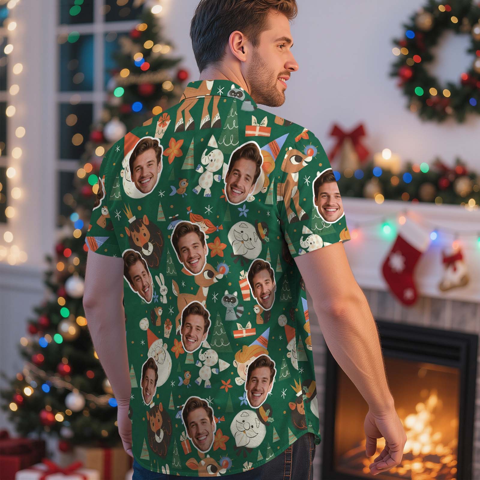 Custom Face Hawaiian Shirt Green Christmas Pattern Hawaiian Shirt With Santa, Snowman & Gift Icons