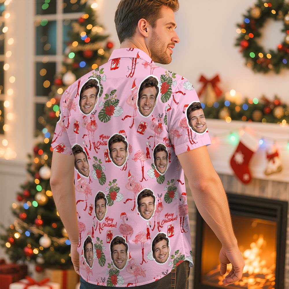 Custom Photo Hawaiian Shirt Pink Flamingo Christmas Hawaiian Shirt Cute Snowflakes & Holiday Elements