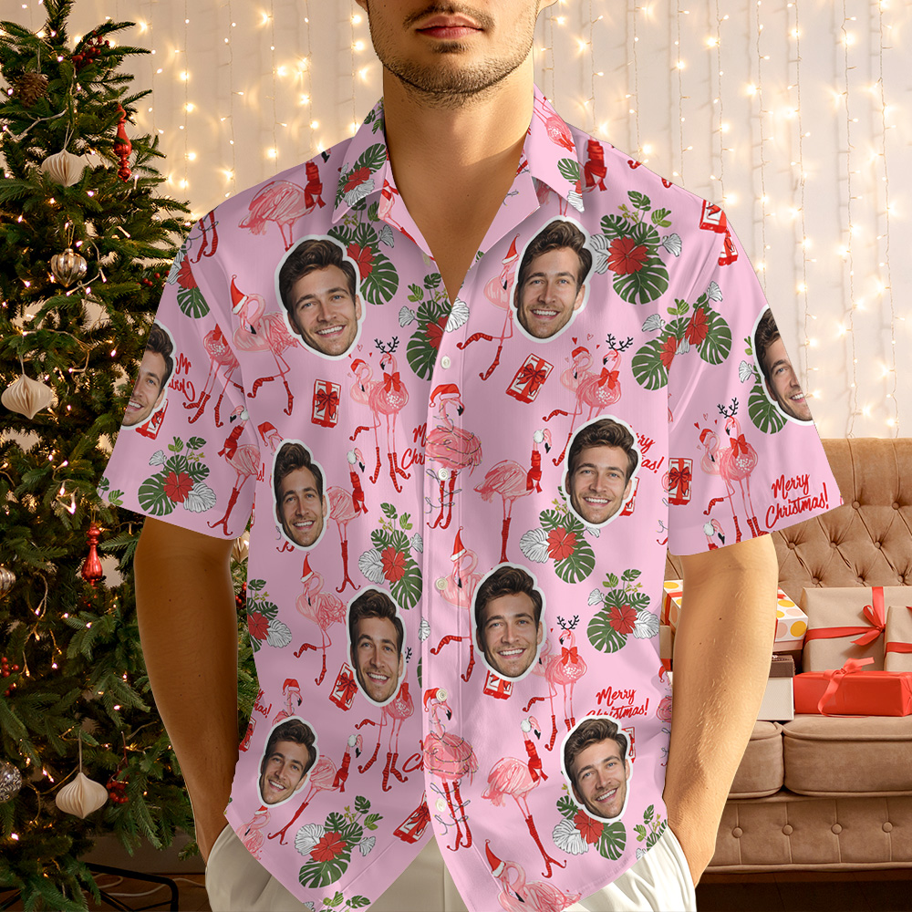Custom Photo Hawaiian Shirt Pink Flamingo Christmas Hawaiian Shirt Cute Snowflakes & Holiday Elements - MyHawaiianShirtsAU