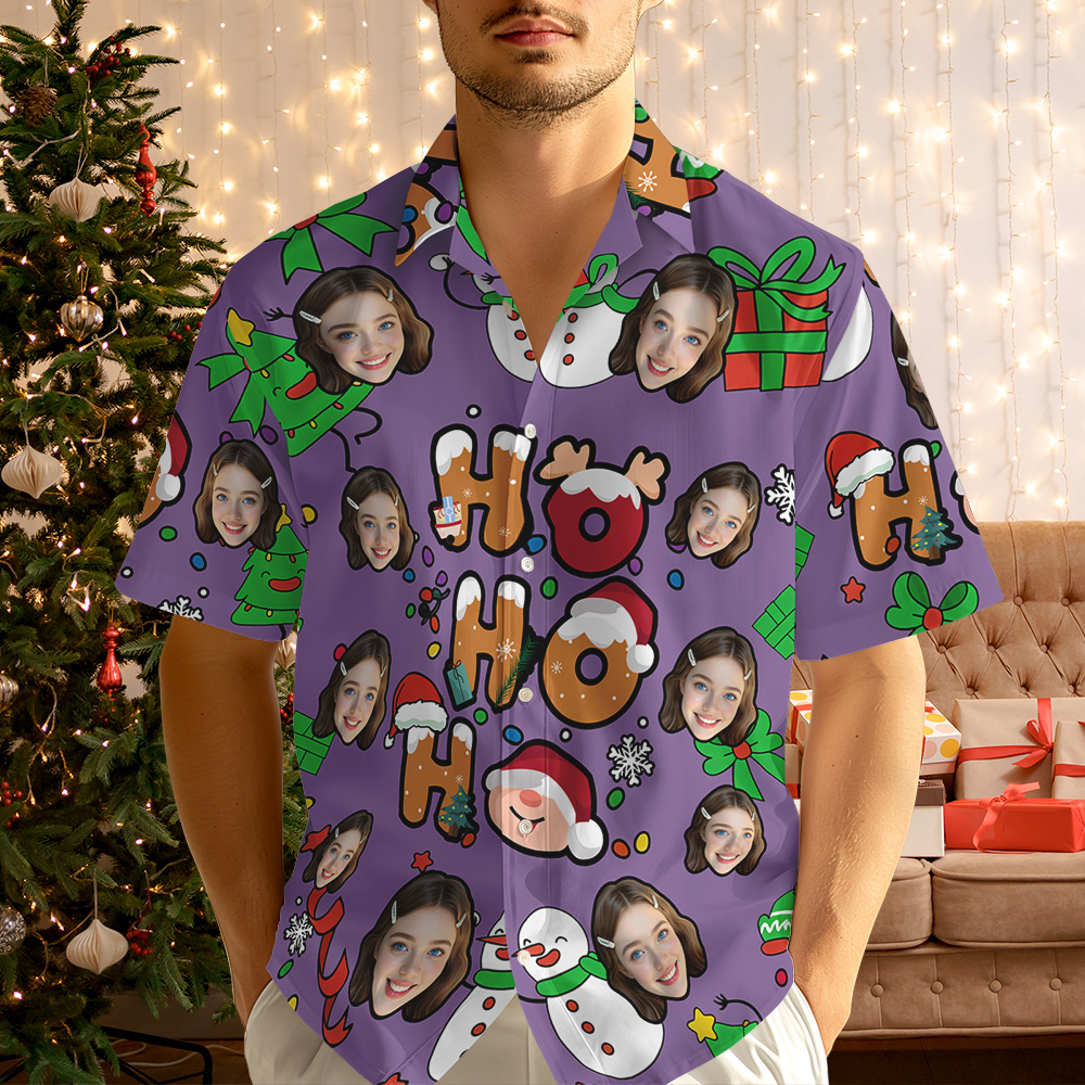 Custom Photo Hawaiian Shirt "HO HO HO" Christmas Hawaiian Shirt Cute Santa & Holiday Icons