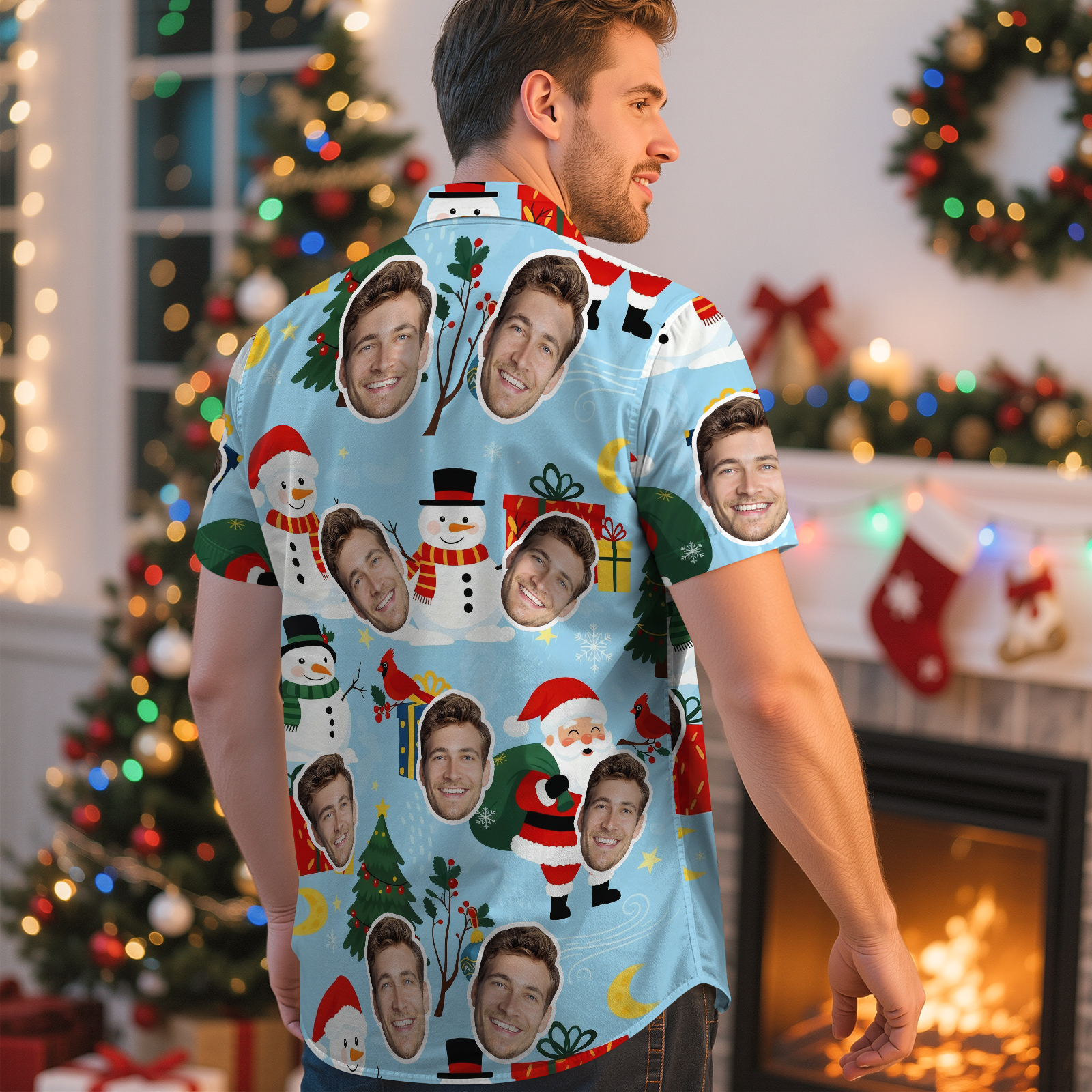 Custom Light Blue Christmas Gift Face Hawaiian Shirt Festive Icons & Personalized Faces