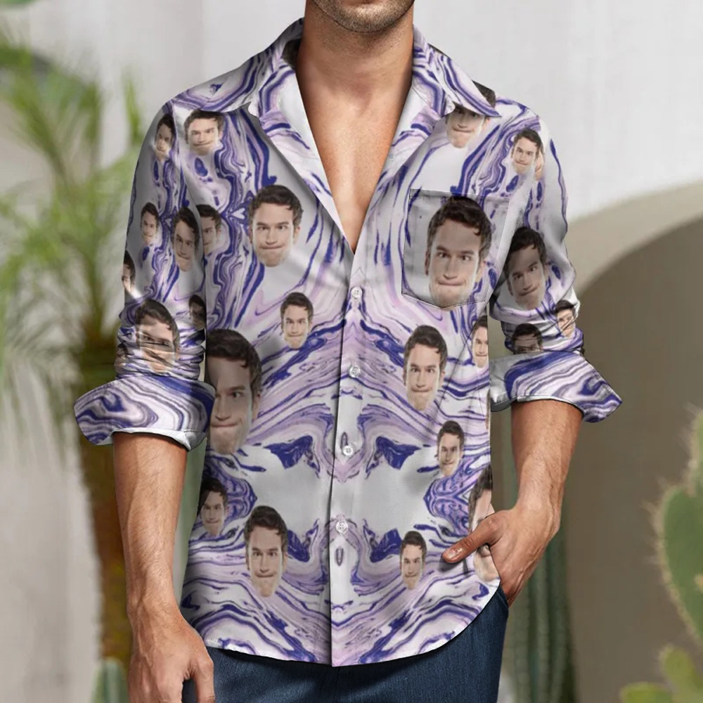 Custom Face Purple Marbling All Over Print Large Long Sleeve Shirt