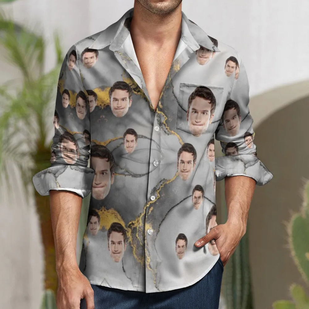 Custom Face All Over Print Large Long Sleeve Shirt Black Gold Abstract Fluid Art