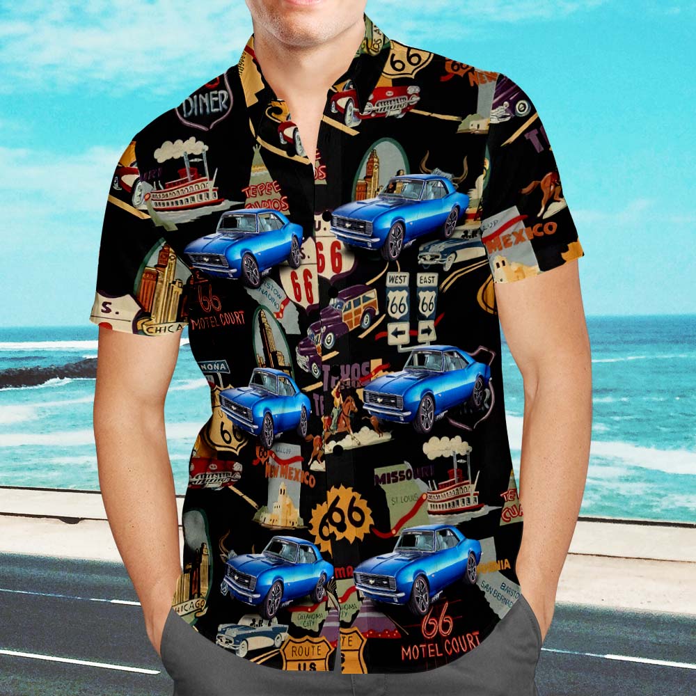 Upload Car Photo Custom Photo Hawaiian Shirt Route 66 Icons Aloha Beach Shirt Gift for Him - MyHawaiianShirtsAU