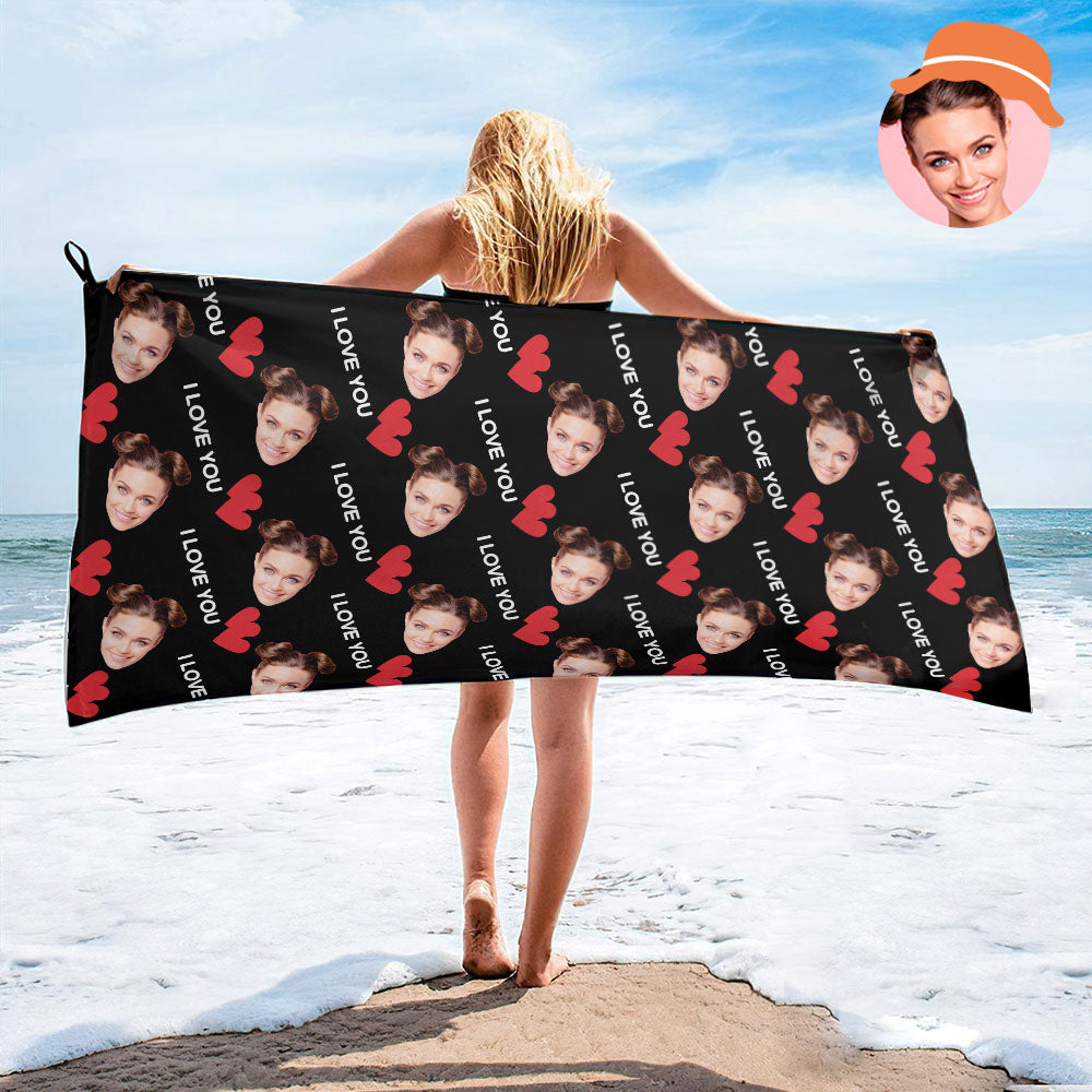 Custom Face I Love You Beach Towel Personalized Photo Beach Towel Funny Gift - MyHawaiianShirtsAU
