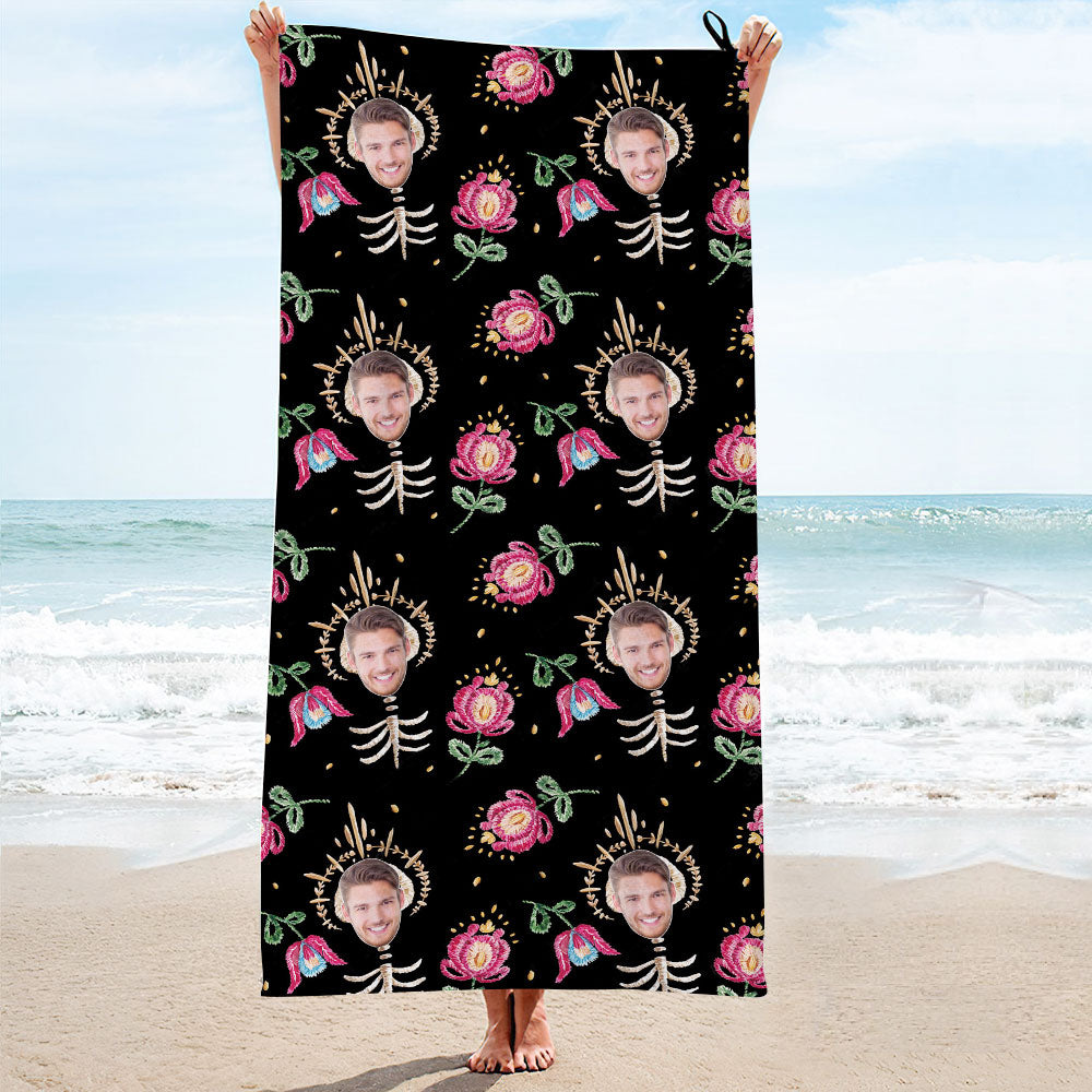 Custom Face Bone Flowers Beach Towel Personalized Photo Beach Towel Funny Gift - MyHawaiianShirtsAU