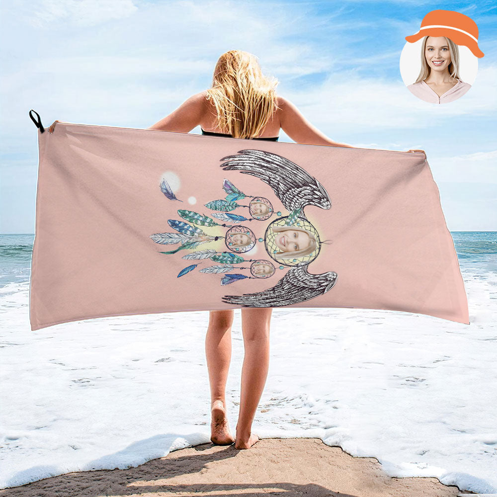 Custom Face Dreamcatcher Beach Towel Personalized Photo Beach Towel Funny Gift - MyHawaiianShirtsAU