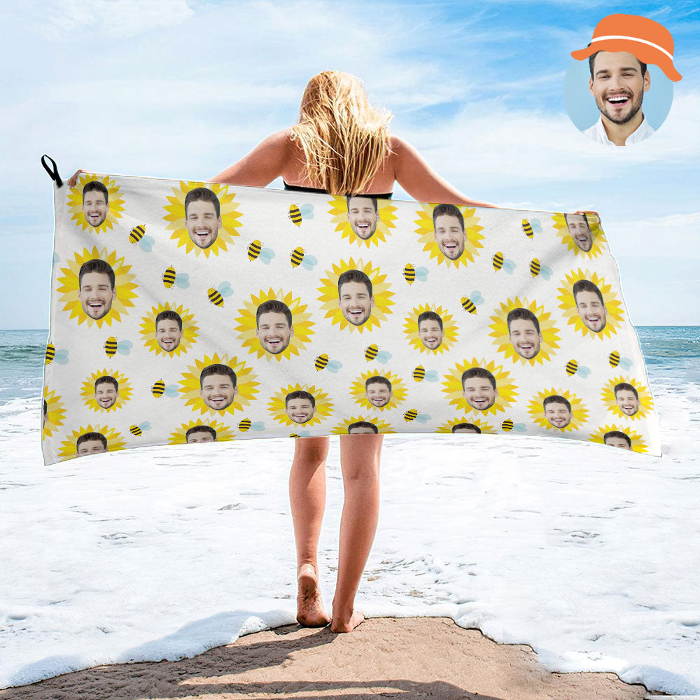 Custom Face White Sunflower Beach Towel Personalized Photo Beach Towel Funny Gift - MyHawaiianShirtsAU