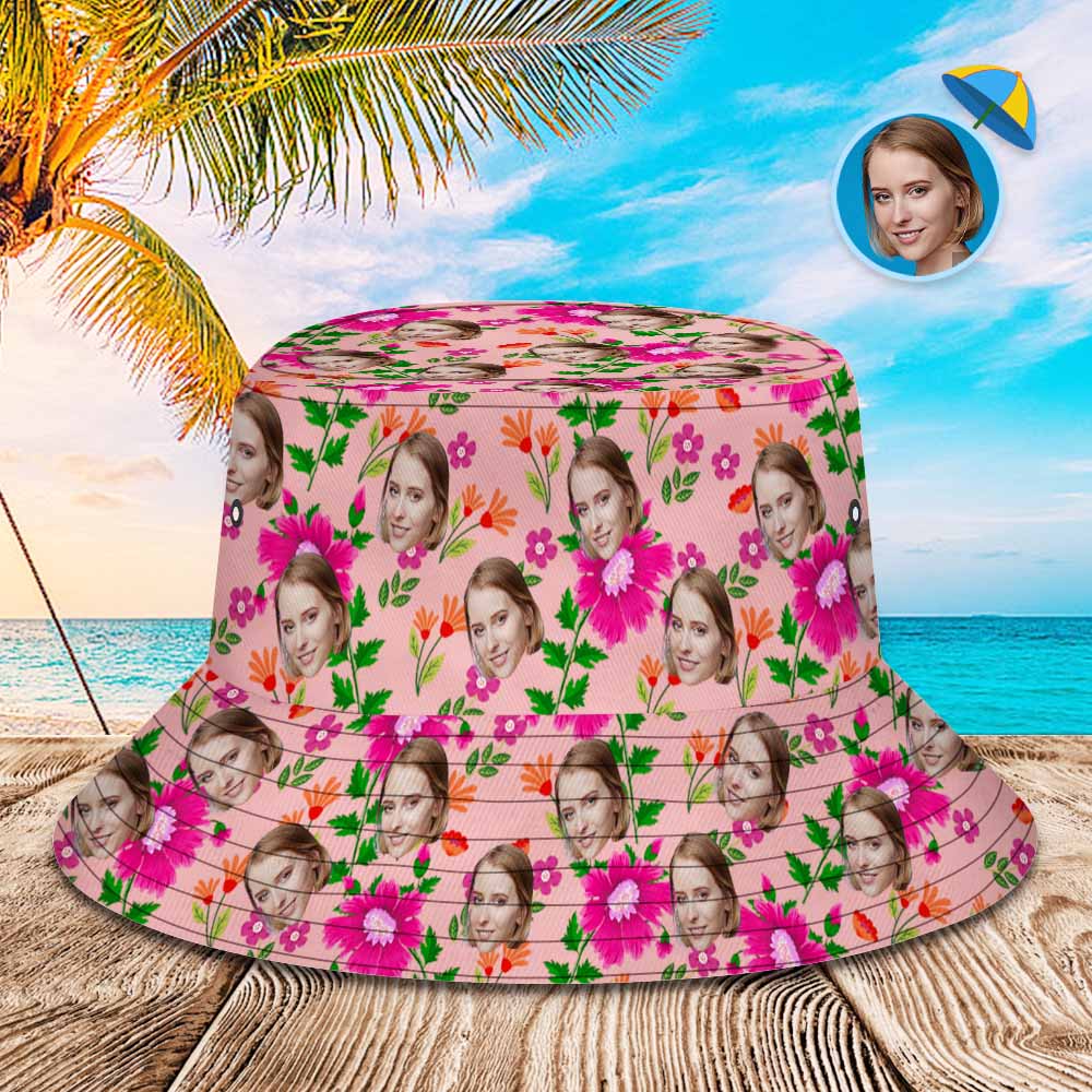 Custom Bucket Hat Unisex Face Bucket Hat Pink Flowers and Green Leaves - MyHawaiianShirtsAU