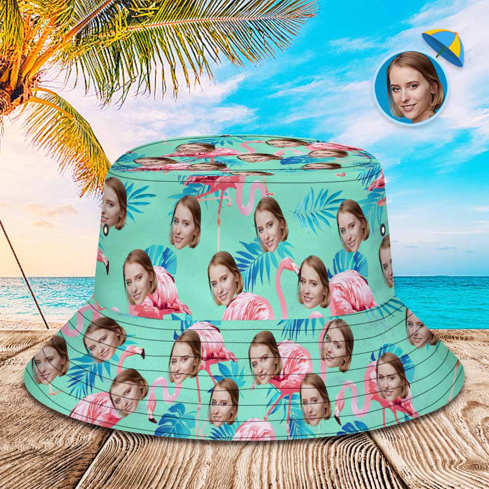 Custom Face Bucket Hat Flamingo Tropical Hat With Allover Printed Green and Palm Leaves - MyHawaiianShirtsAU