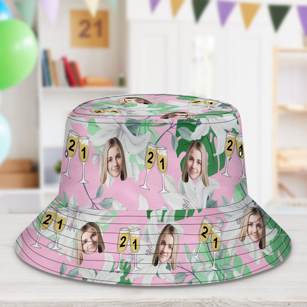 Custom Face Bucket Hat Number in Wine Glass Pink And Green Sleeves Face Bucket Hat Gift for Him - MyHawaiianShirtsAU